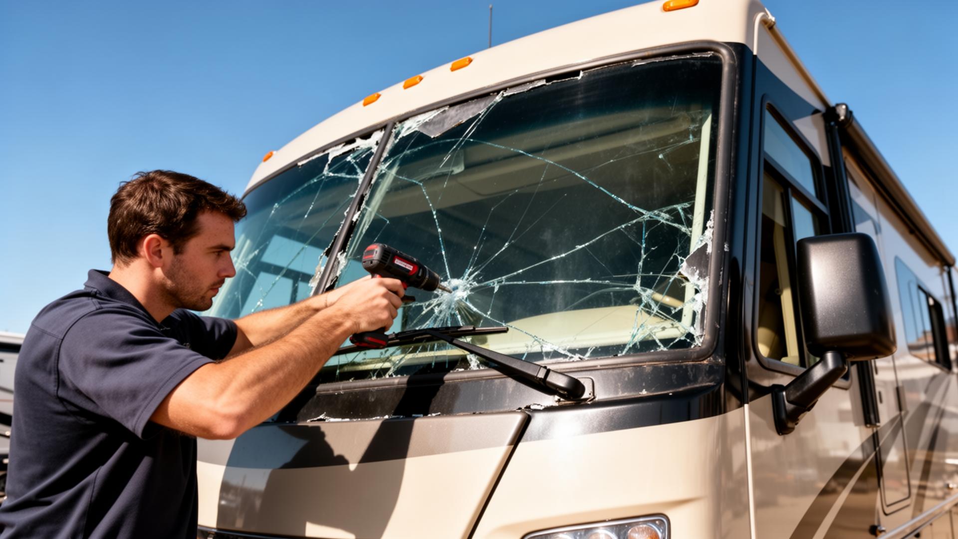 Technician replacing an RV windshield on a Class A motorhome