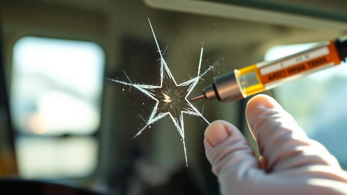 Resin injection bridge tool clamped over a star-shaped rock chip in a motorhome windshield during a chip repair