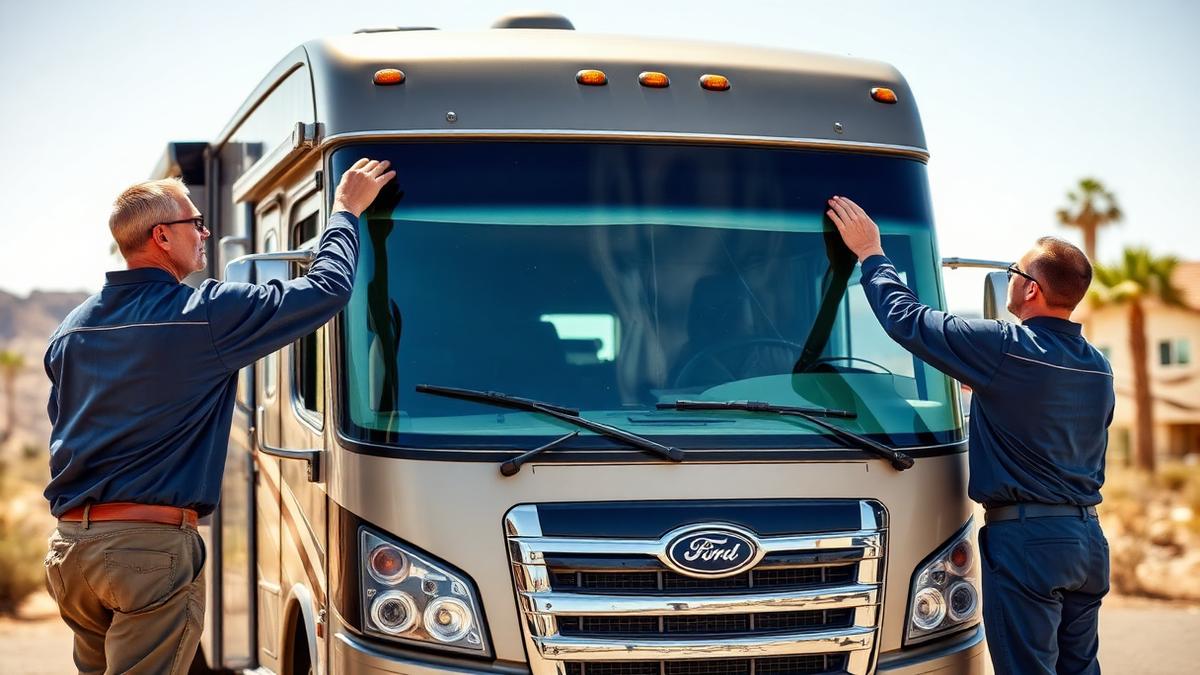 Two mobile RV glass technicians setting a curved Class A motorhome windshield with suction cups at a desert RV park