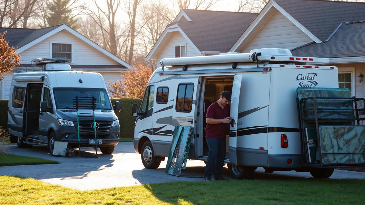 Mobile RV glass service van with glass racks parked beside a Class C motorhome on a residential driveway
