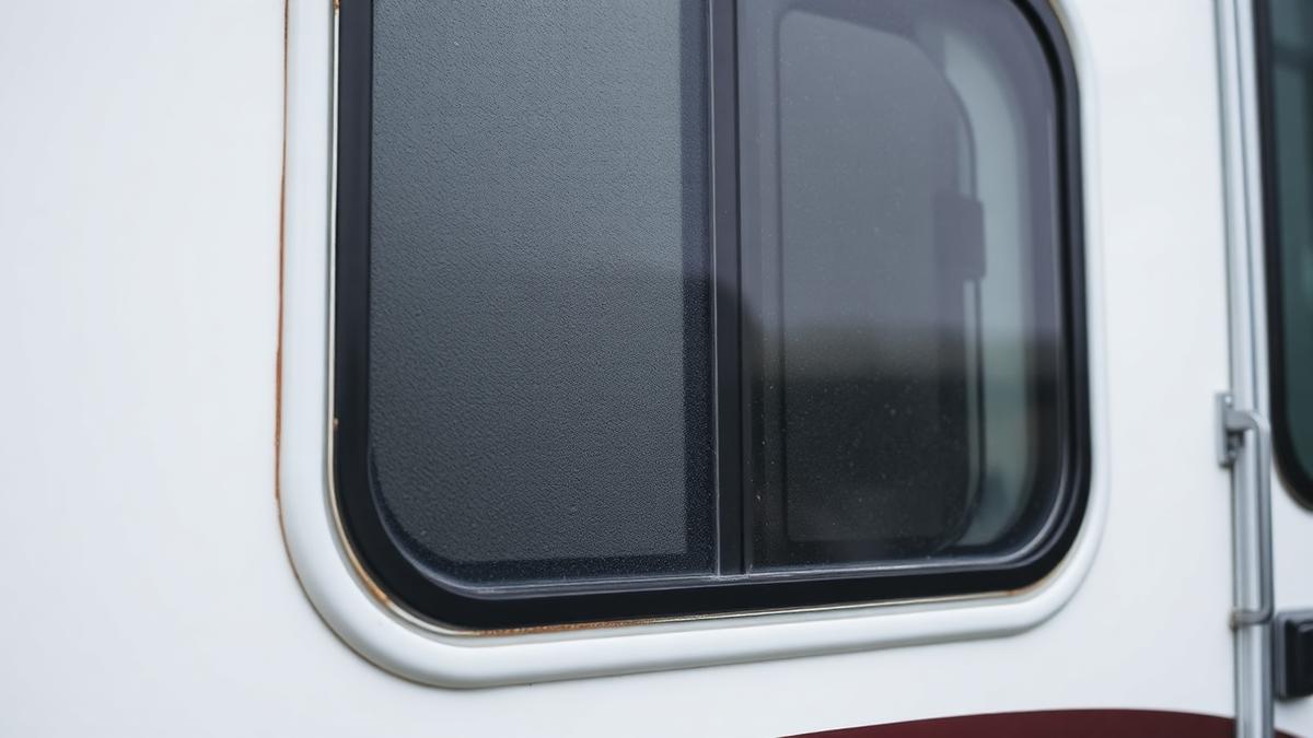 Dual-pane RV side window on a white travel trailer showing a failed thermal seal between the glass panes